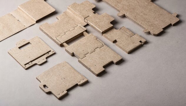 Closeup of flatpack desk organizer insert components arranged meticulously highlighting cuttingedge precision in paperbased drawer separators for customizable workspace order.