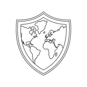 Vector Art Shield Emblem: Global Security With Earth Outline, Protection Symbol, Geography Awareness, Travel and Tourism Safety Concept 