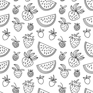 Black and White Doodle Style Fruit Pattern: Whimsical Hand-Drawn Strawberries, Watermelons, Raspberries for Eco-Friendly Kitchen and Nursery Decor
