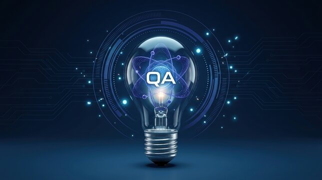 QA, Quantum, AI, Light bulb, Technology, Innovation, Concept representing advanced digital intelligence and futuristic computing solutions with glowing atomic orbits on blue background.