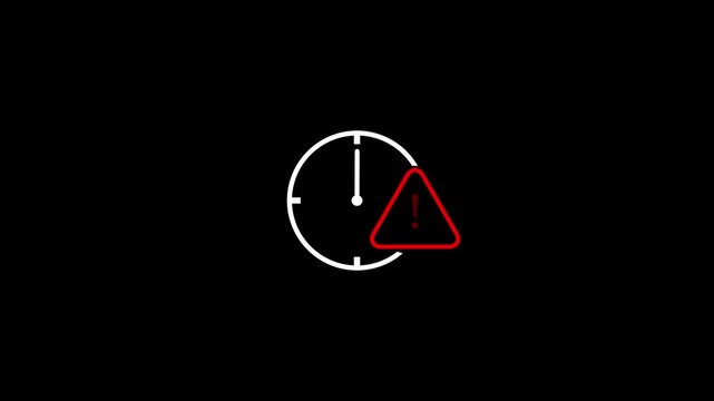 A minimalist featuring a white clock face with red hour and minute hands pointing to approximately ten past ten, accompanied by a red triangular warning sign with a white exclamation mark, all set