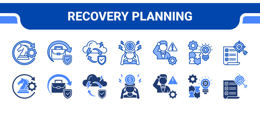Recovery Planning Icon Collection,  featuring Recovery Strategy, Business Continuity, Disaster Recovery, Financial Stress, Management Crisis, Problem Solution, Strategy.