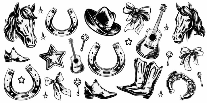 western cowboy themed illustrations in black and white