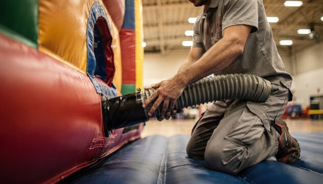 Focus on crew member fastening blower hose to an indoor bounce castle entrance gym walls and ceiling lights creating a subtle outoffocus backdrop.