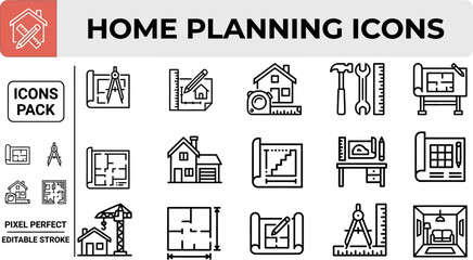 Home Planning and Architectural Design outline icon set. Featuring floor plan, blueprint, room layout, ruler, and house construction symbols. Editable stroke vector icons for architect project. © Pixel_Forge