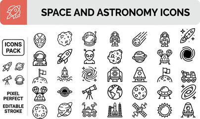 Space and Astronomy Exploration outline icon set. Featuring rocket, planet, telescope, astronaut, and galaxy symbols. Editable stroke vector icons for cosmology research and stargazing hobby. © Pixel_Forge