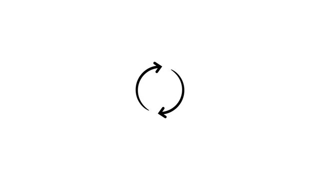 A black circular arrow with two opposing arrows indicating rotation or refresh, presented on a clean white background as a versatile and universally understood symbol for cyclical processes