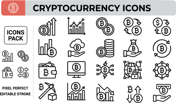 Cryptocurrency vector outline icon set for blockchain finance dashboards, exchange apps and digital wallet screens