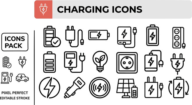 Charging and Power outline icon set. Featuring plug, battery, cable, charger, and electric outlet symbols. Editable stroke vector icons for electronics device and energy management design.