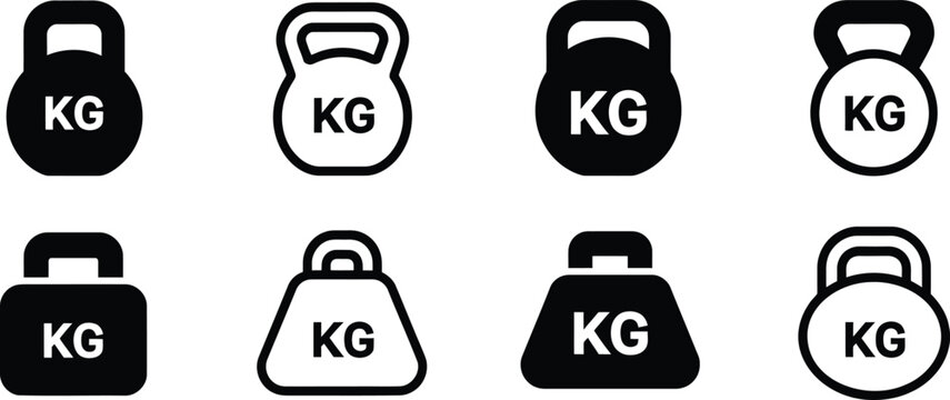 Set of kettlebell and weight plate featuring various shapes and styles for fitness and gym equipment projects in black and white