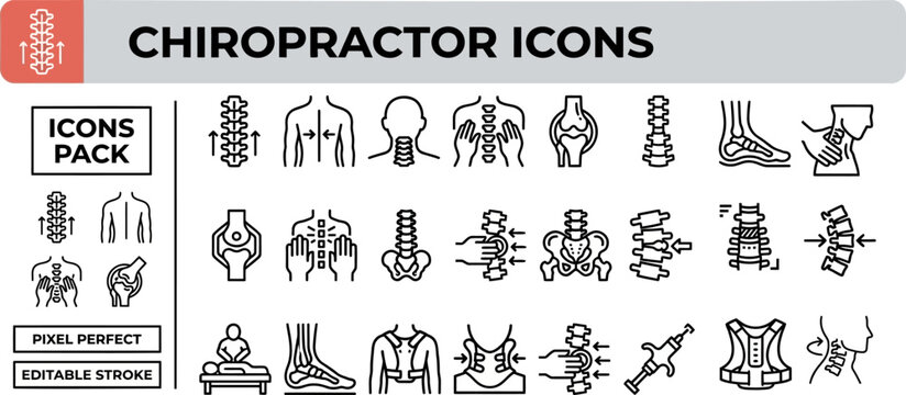 Chiropractor vector outline icon set for spine therapy clinics, posture guides and wellness brochures