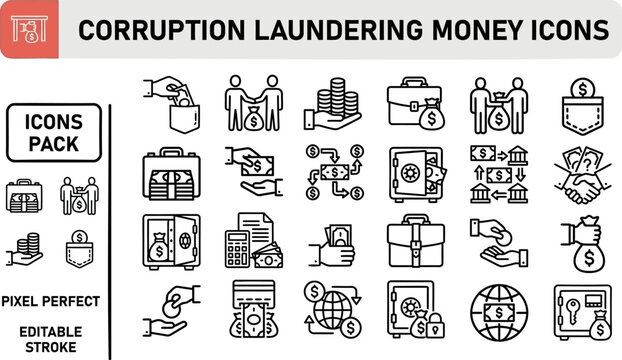 Corruption laundering money vector outline icon set for financial crime reports and compliance infographics