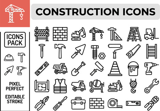 Construction vector outline icon set for building sites, contractor checklists and industrial safety posters