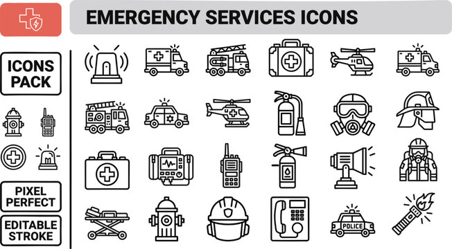 Emergency Service and Rescue outline icon set. Featuring ambulance, firefighter, police, paramedic, and alert symbols. Editable stroke vector icons for crisis response and first aid service.