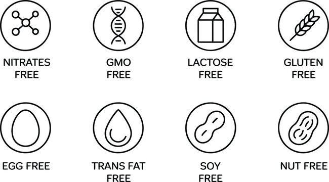 Set of eight black and white circular line representing various dietary restrictions including nitrates gmo lactose gluten egg trans fat soy and nut free labels