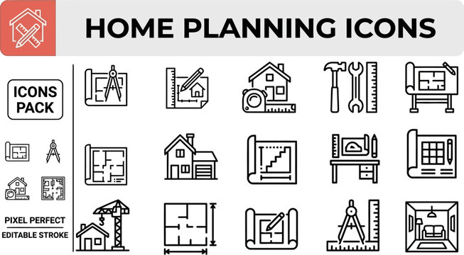 Home Planning and Architectural Design outline icon set. Featuring floor plan, blueprint, room layout, ruler, and house construction symbols. Editable stroke vector icons for architect project.