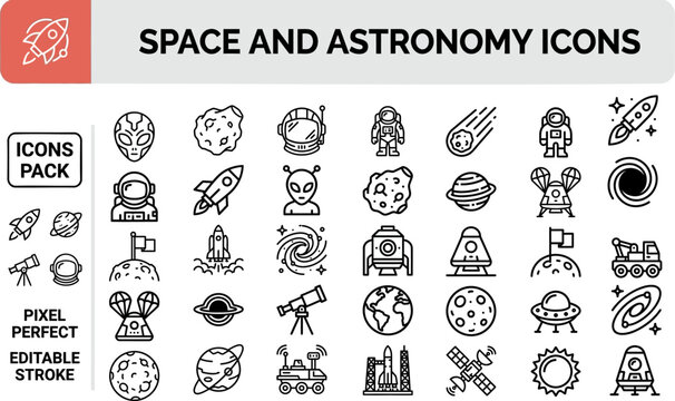 Space and Astronomy Exploration outline icon set. Featuring rocket, planet, telescope, astronaut, and galaxy symbols. Editable stroke vector icons for cosmology research and stargazing hobby.