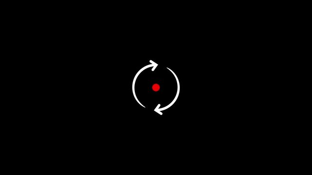 A white circular arrow with two opposing arrows indicating rotation or refresh, surrounding a small red dot, presented on a plain black background for a clean and modern interface