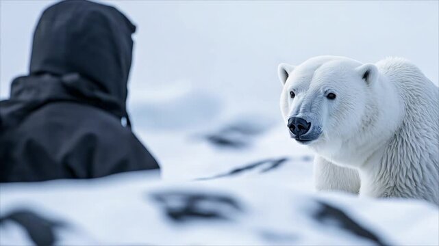Photographer observing a polar bear in winter. Researcher using binoculars to watch a white bear on arctic snow. Wildlife study and nature conservation concept.