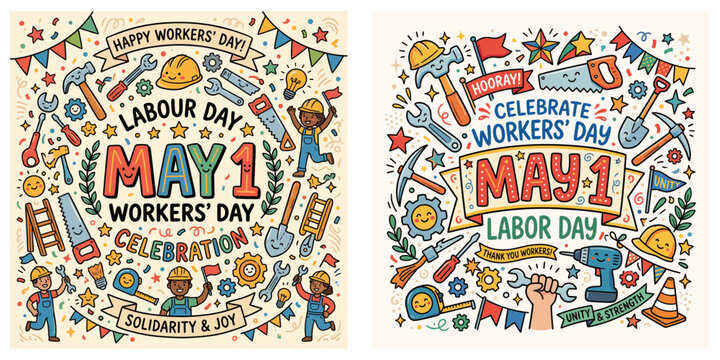 Workers celebrate May day with solidarity joyful illustrations and tools