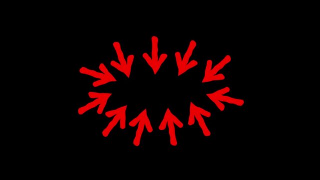 Multiple bright red arrows pointing inwards towards a central empty oval shape, arranged in a circular pattern against a solid black background, symbolizing convergence or focus