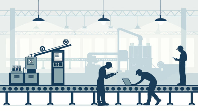 Industrial workers on a production line with machinery and equipment in a factory
