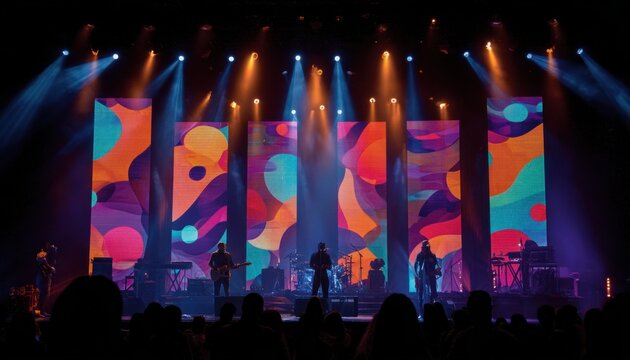 Colorful led video wall on stage displaying abstract patterns during live performance
