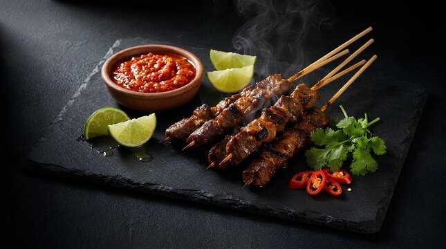 Tender Sate Kambing, Delicious Grilled Goat Meat Skewers Presented Freshly on a Dark Slate Board with Chili Sauce and Lime.