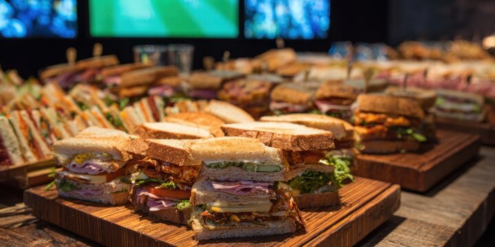 Colorful platter of assorted sandwiches featuring various breads, fillings, and fresh vegetables at a food event