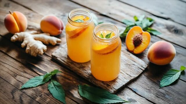 Peach and ginger drink in glass jar on wooden table. Homemade fruit beverage with mint leaf. Refreshing iced tea or smoothie for healthy diet and summer detox.