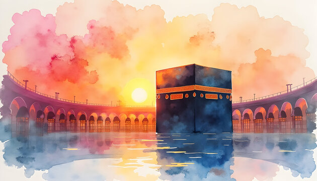 Radiant Sunset Over Kaaba with Crescent Sun