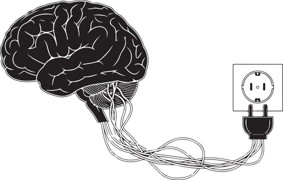 Brain plugged into electrical socket with wires