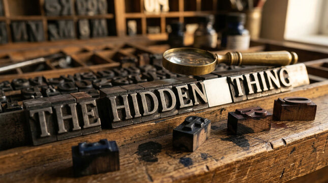 Vintage printing press blocks with the hidden thing text