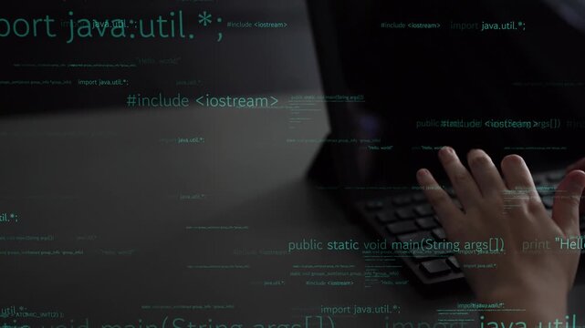 Close-up view of hands actively typing on a laptop while surrounded by floating snippets of Java code, representing modern programming and technology. Xenic