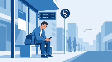 Fototapeta premium Urban Commute: A lone figure sits at a bus stop, engrossed in his phone, amidst a cityscape backdrop, symbolizing the modern transit experience.