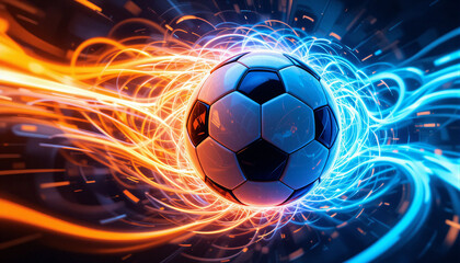 Naklejka premium Dynamic Soccer Ball with Blue and Orange Neon Waves and Futuristic Glowing Speed Effect 3D Render