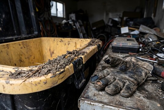 Macro close-up of a worksite cooler box rim with dried mud and a torn work glove