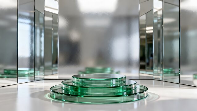 Modern Hall with Transparent Green Glass Platforms
