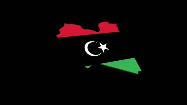 Libya Geographic Map Animation Filled with National Flag, Alpha Channel Included