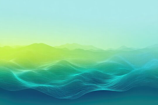 Wireframe landscape of rolling waves and distant, hazy mountains