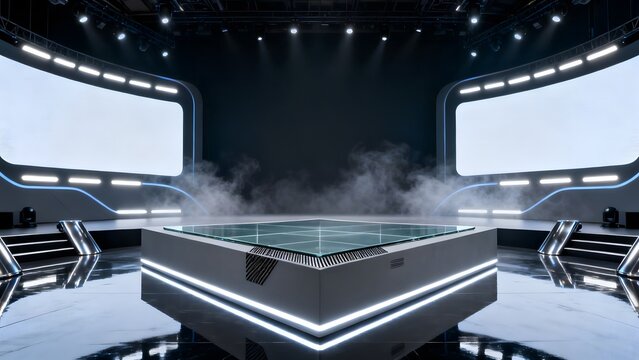 Futuristic Event Stage with Glass Podium and Blue Glow