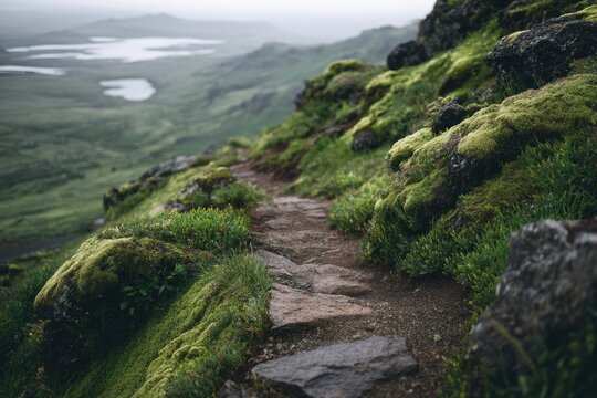 A winding stone path ascends a moss-covered, rocky slope overlooking a tranquil, vast landscape
