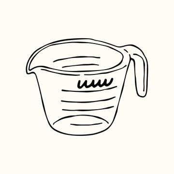 A liquid measuring cup or pitcher with volume markings and a handle is illustrated in a simple line art style. This hand drawn vector is essential for recipes, culinary blogs, and cooking instructions