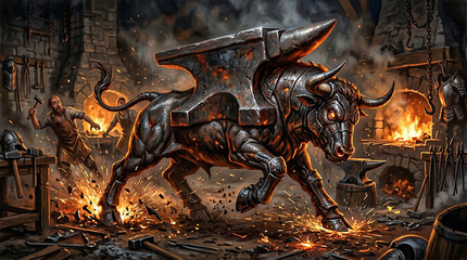 Fototapeta premium mythical armored bull creature in a fiery ruined cityscape