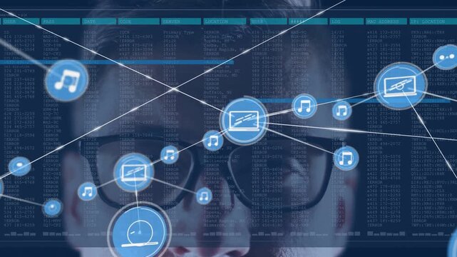 Analyst with glasses gazing ahead, blue node popping brow driving icon web over face for technology