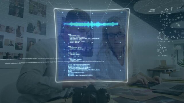 Photographer and editor leaning over DSLR and tablet, initiating holographic HUD for data analysis