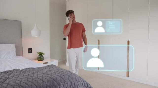 Man entering bedroom, calling while checking phone contacts, causing tech panels stacking right
