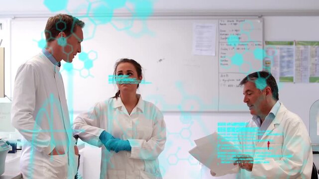 Right lead reading papers and starting lab review while gloved colleague shifting, overlaying scene