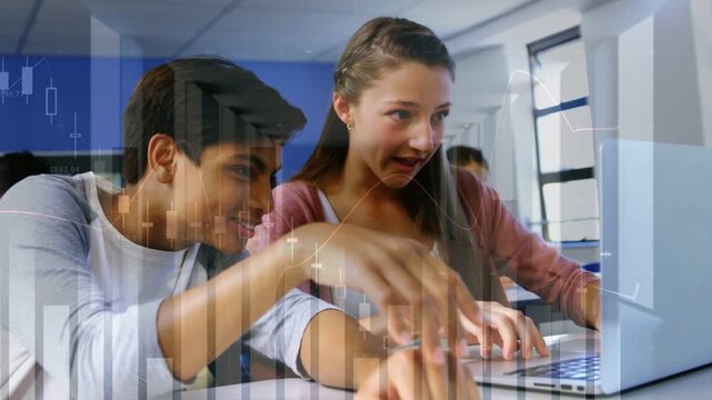 Girl spotting animated bar overlay on laptop, typing while boy guiding, solving education task