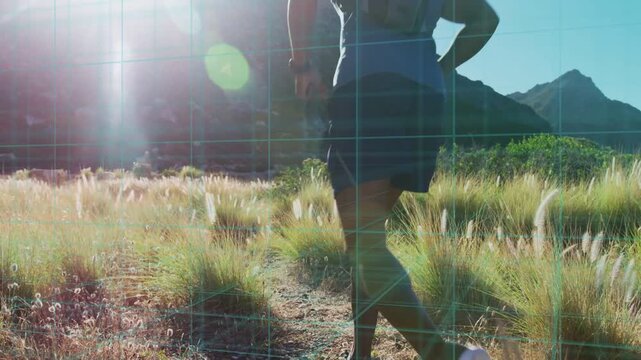 Male runner entering right edge, running trail toward ridge, fitness with grid tracking stride